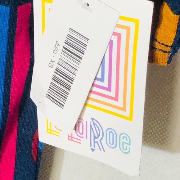 LuLaRoe Julia dress geometric blue yellow purple polyester size xs READ new - Picture 6 of 11